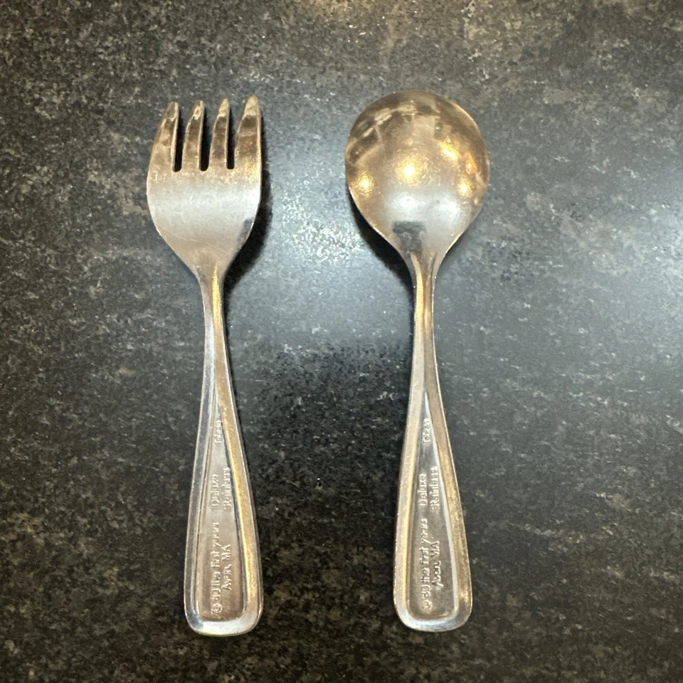 Juego de tenedores cuchara bebé vintage de acero inoxidable de lujo de los primeros años 80 Foto 2 de 4