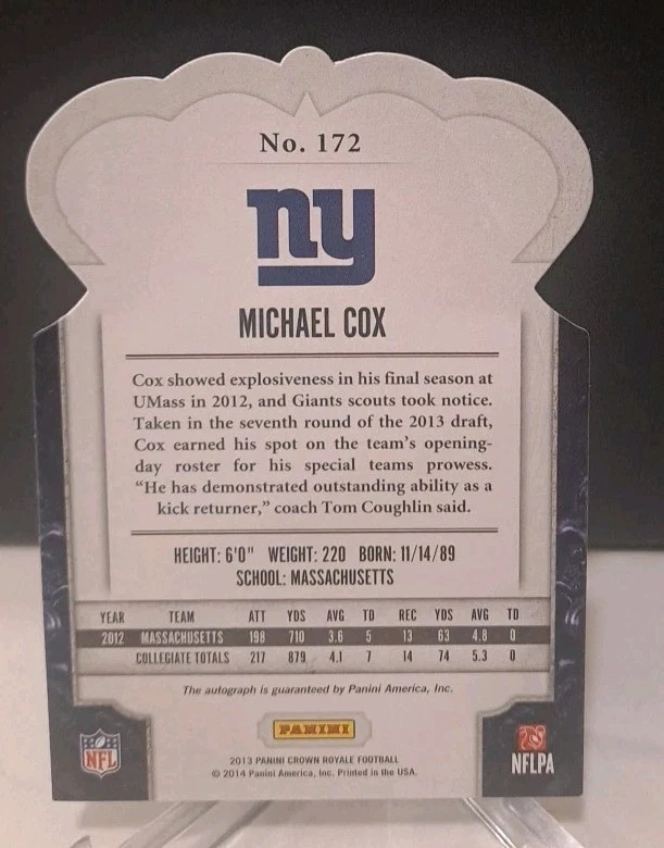 2013 Crown Royale Michael Cox 172 Rookie AUTO Silver Die-cut Serial #'d 14/99 - Image 2 of 2