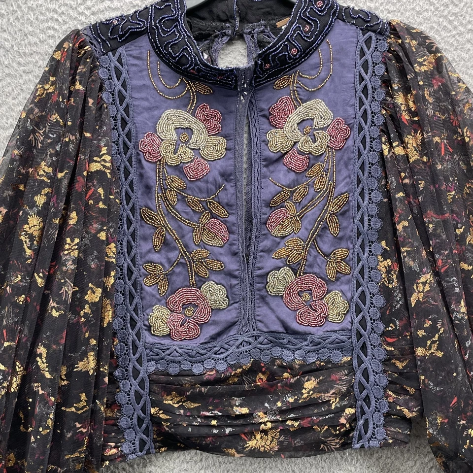 Top Free People Camille Mujer Grande Corto Boho Floral Cuentas Años 70 Elegante Vanguardia Foto 3 de 4