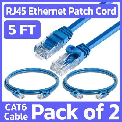 2 Pack 5 Feet Cat6 Patch Cord Blue RJ45 LAN Network Cable Internet Ethernet Cord