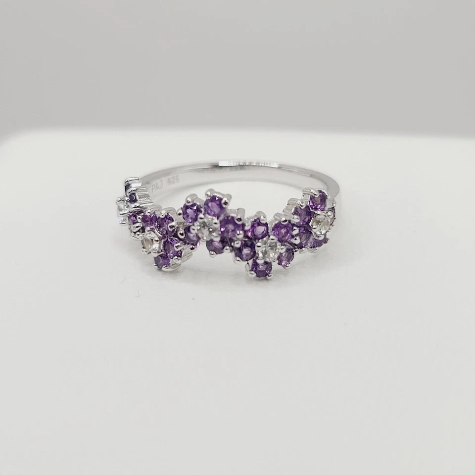 Женское потрясающее кольцо круглой огранки с имитацией аметиста с покрытием из белого золота 14 карат - Изображение 3 из 4