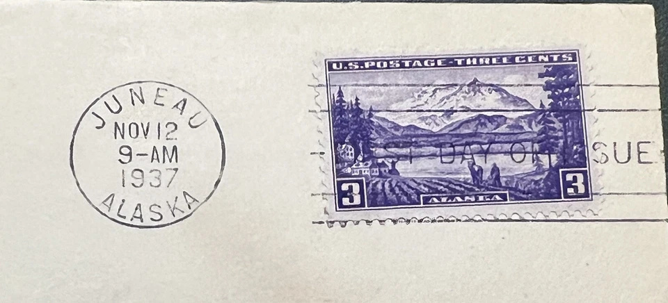NOVEMBER 12 1937 JUNEAU ALASKA FIRST DAY COVER FDC 3C STAMPS - Image 2 of 3