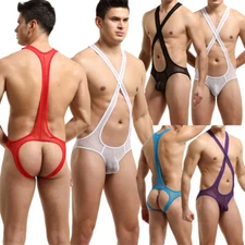Sexy Men's Jockstrap One-piece Leotard Underwear Elastic Gay Open Butt Bodysuits