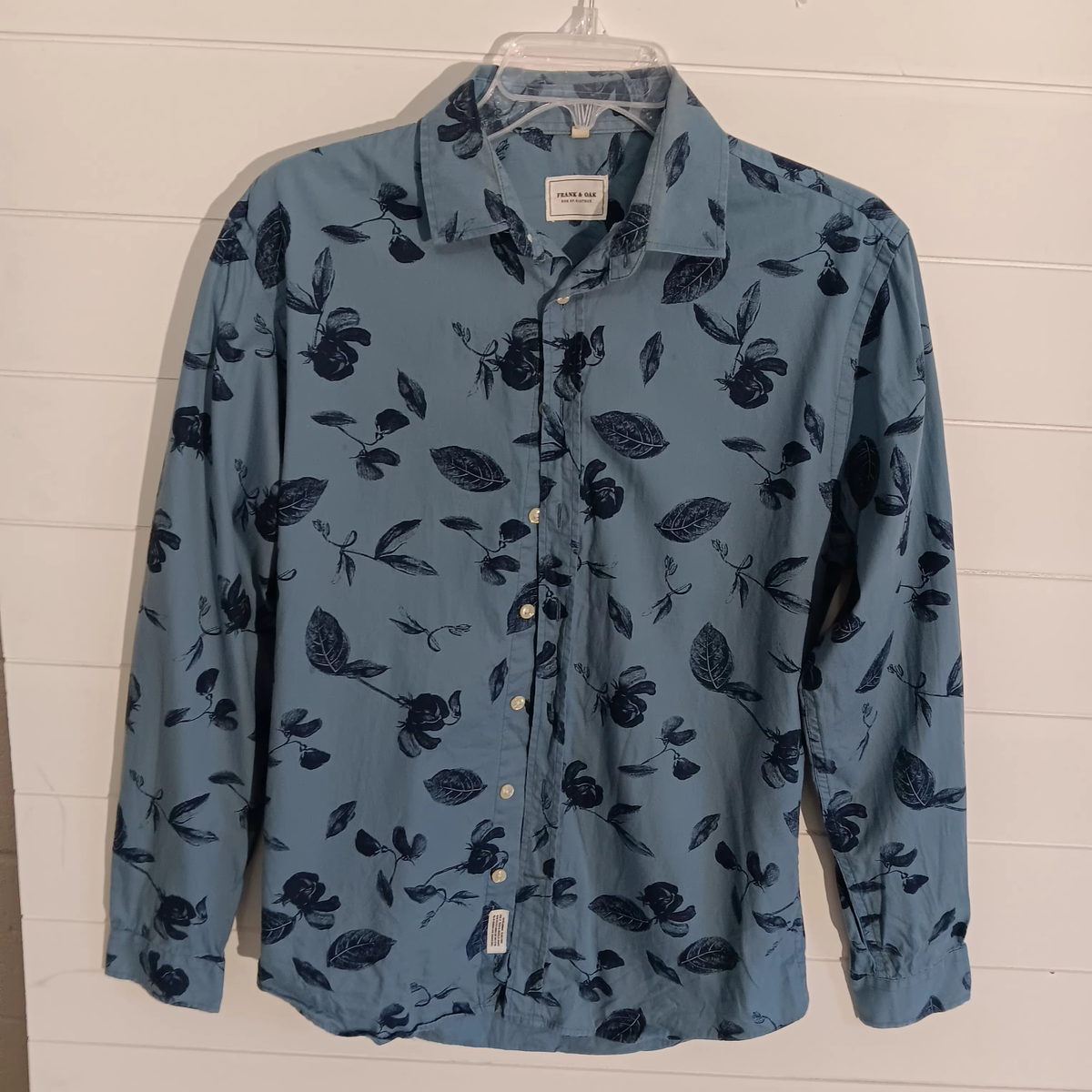 frank and oak dress shirt Frank & Oak Mens Button Up Shirt Blue Leaves Print 100 Cotton Long Sleeve  Size S