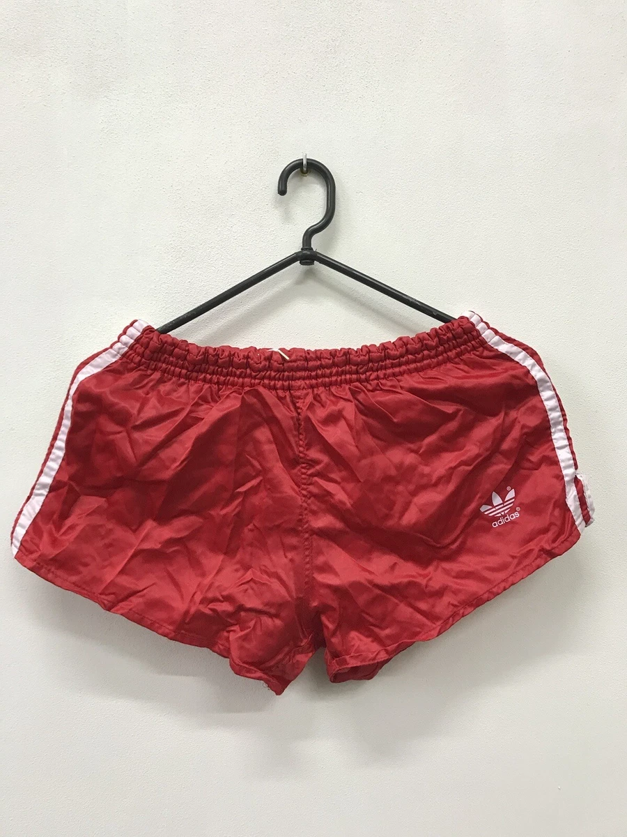 VINTAGE ADIDAS SHORTS 70s 80s RUNNING RED NYLON WEST GERMANY ADULT SIZE S