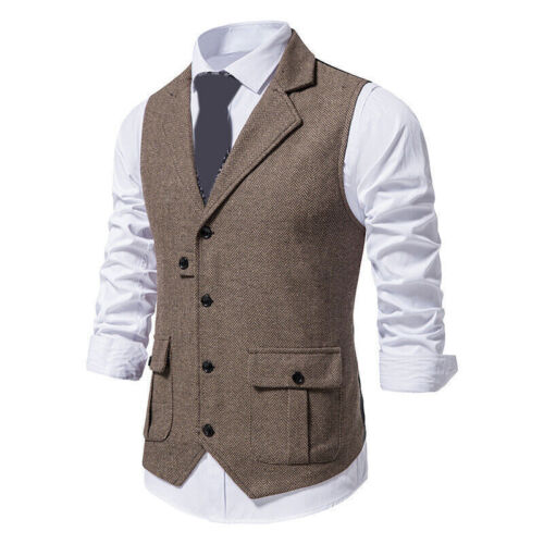 Gilet Uomo Tweed Babbo Tweed Gilet Spina di Aringa Vita Retro Formale Top Senza Maniche - Foto 3 di 16