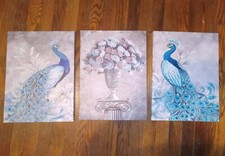 PEACOCK   Canvas Wall Art   Set Of 3   Floral Purple Blue 15" x 12" Each 
