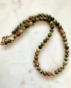 Authentic Rhyolite Jasper Beaded Frog Necklace Non- Tarnish Gold Plated Pewter Frog Beads