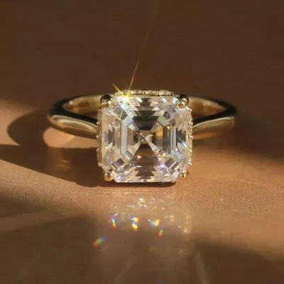 3 Ct Asscher Cut Moissanite Hidden Halo Engagement Ring 14K Yellow Gold Plated