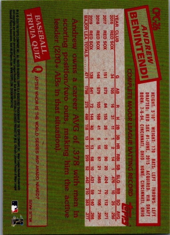 2020 Topps Update '85 Topps Silver Pack Chrome #CPC26 Andrew Benintendi Boston - Image 2 of 2