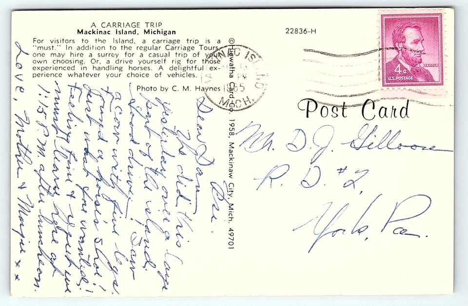 1958 MACKINAC ISLAND MICHIGAN A CARRIAGE TRIP POSTCARD P3559 - Image 2 of 2