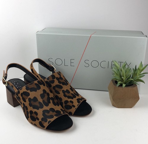 NEW Sole Society Shawde Leopard Calf Hair Open Toe Slingback Sandals Heels 7.5 - Picture 2 of 9