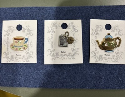 susan clarke originals tea set buttons:  teapot, teacup, teabag hand painted 