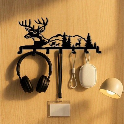 Wall Key Holder Metal Organizer Mount Hanging Rack 7 Hooks Deer Design Entryway