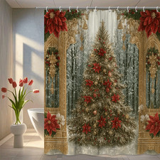Winter Wonderland Christmas Shower Curtain with Tree  Poinsettias