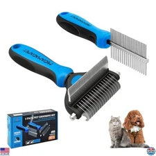 Pet Grooming Set 2-Piece - Shedding Brush & Dematting Comb for Small Dogs/Cats