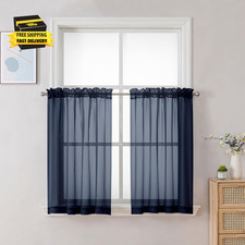 Navy Blue Sheer Curtains 30 Inch Length 2 Panels, Light Filtering Voile Rod Pock