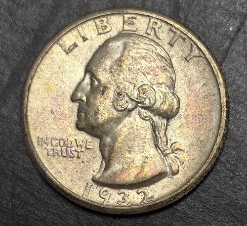 NICE AU++/UNC 1932 D WASHINGTON QUARTER US RARE COIN IRIDESCENT TONING