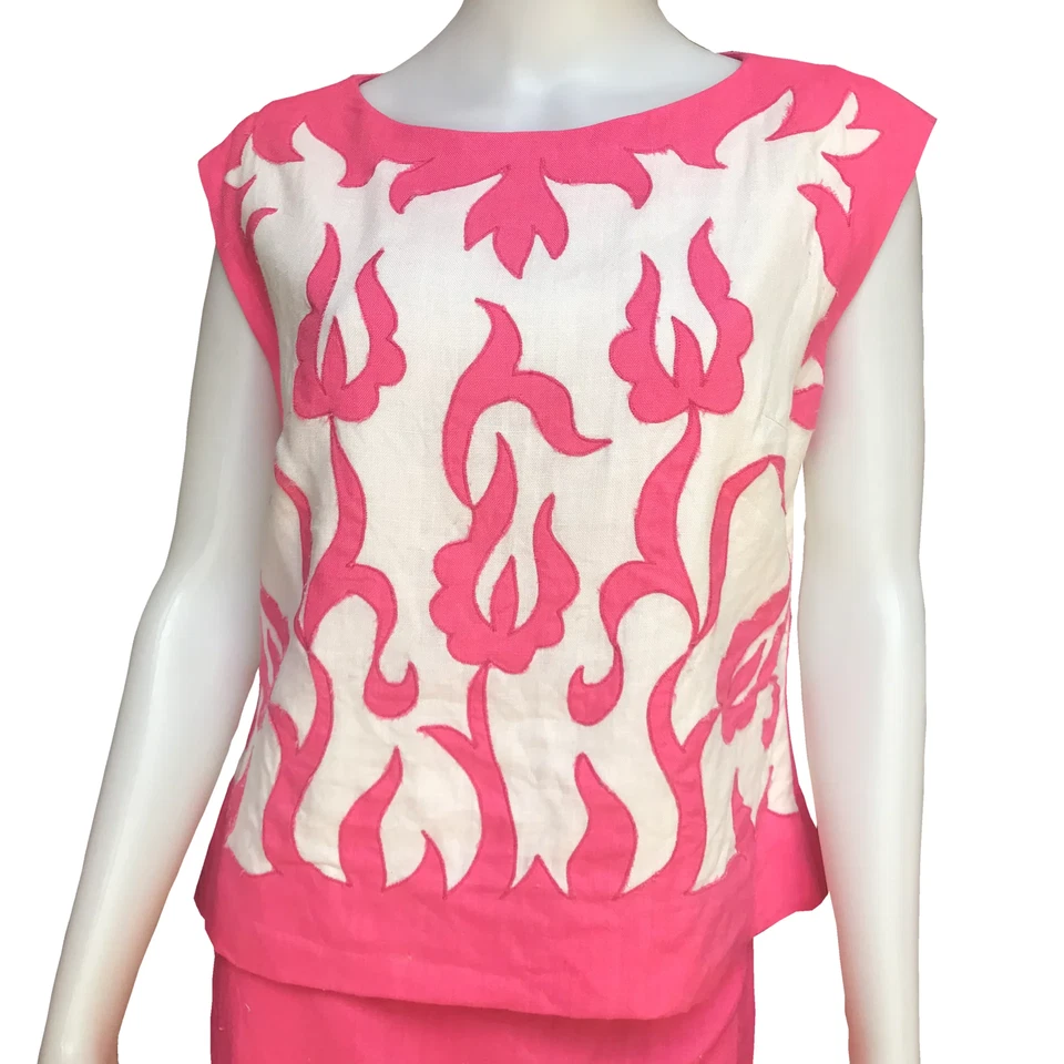 Traje Falda BarbieCore Vintage Años 60 Ilsa Engel Rosa Caliente Lino 2 Piezas Talla L Foto 4 de 4