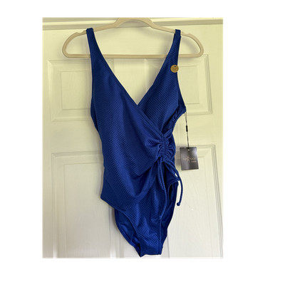 Nip Tuck Swim Blue Textured Ruched Drawstring One-Piece Swimsuit Women 6