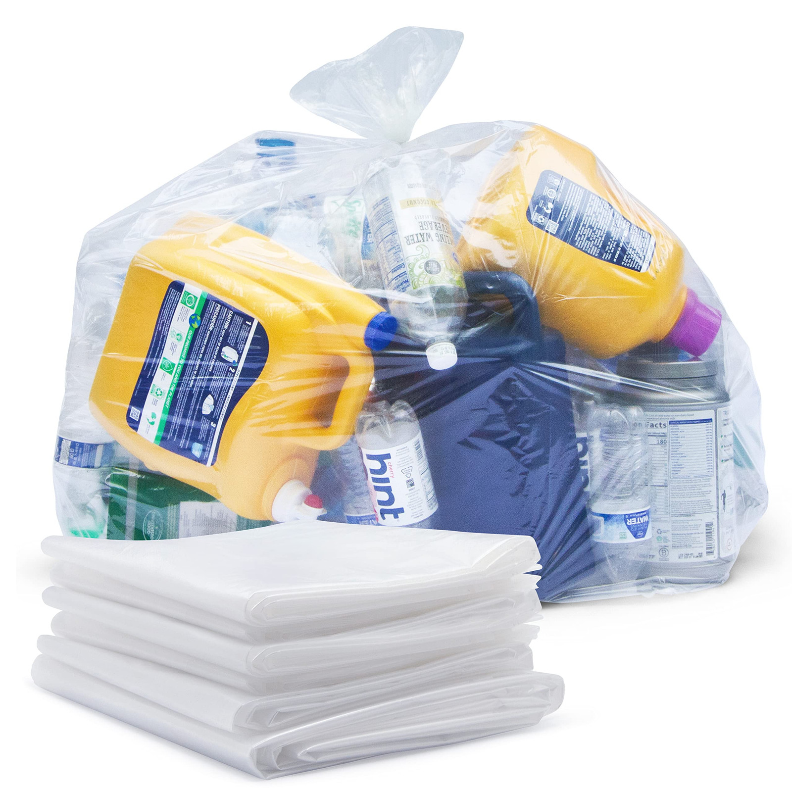65 Gallon Clear Trash Bags, (50 Bags w/Ties) Clear Recycling Plastic Garbage ...