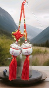2 Ceramic Lucky Cat Hanging Home Car Charm Feng Shui Pendant Wall Hangings