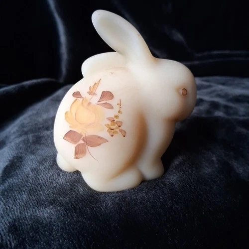 Fenton Art Glass Custard Satin Bunny Roses Figurine Hand Painted Signed P Bibber