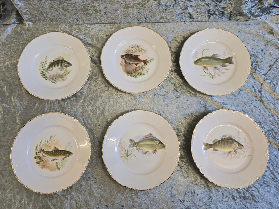 Hutschenreuther Fischteller 6 Stück 19,5 cm Fischdekor Goldrand - Bild 2 von 4