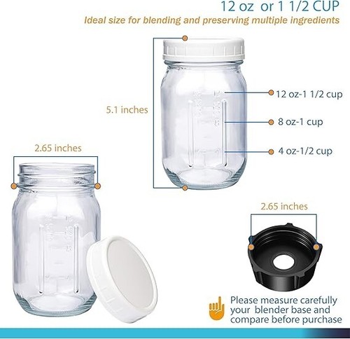 12 oz Glass Jars with Lid, Fits Most Oster Blenders for Blending and Storing - Picture 4 of 6