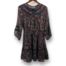 Loft Women's Size M Floral Clip Tiered Button Dress Dark Floral Long Sleeve