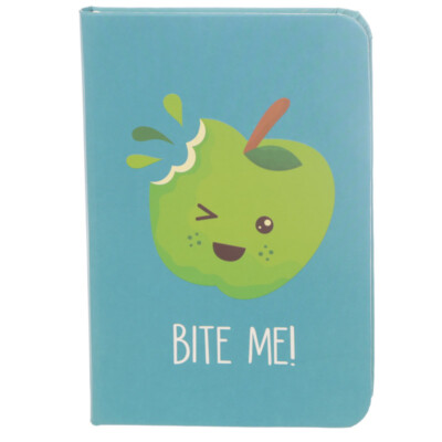 Spaß Neuheit Bite Me Apple Notebook Hardcover liniert blau grün A6 Gummiband 