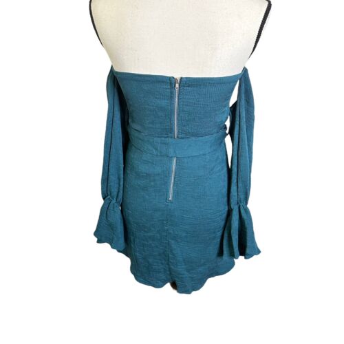 Selfie Leslie Off-Shoulder Dress Small Teal Bell Sleeve Mini Dress Party Elegant - Picture 8 of 10