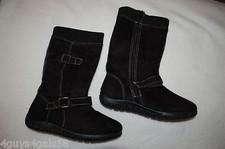 Womens TALL BLACK MOCK SUEDE BOOTS 2 Adjust Buckles RIBBED TOP CUFF Flat Sole 7