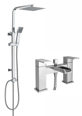 ONLY-PLUMBING Waterfall Bath Shower Mixer Tap With Chrome Square 3 Way Rigid Riser Shower Kit