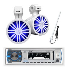 Pyle Marine Receiver, 2x 3.5" Bluetooth LED White Speakers, Remote, Antenna