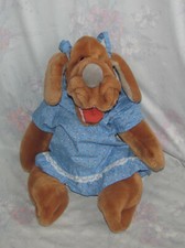Wrinkles Plush Brown Dog/Puppy Puppet - 17" - Large, Vintage - Blue Outfit, Bows