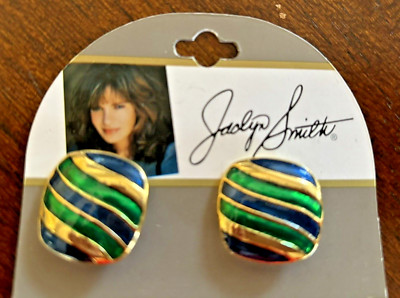 Jaclyn Smith Vintage Pierced Earrings Green Blue Goldtone On Card