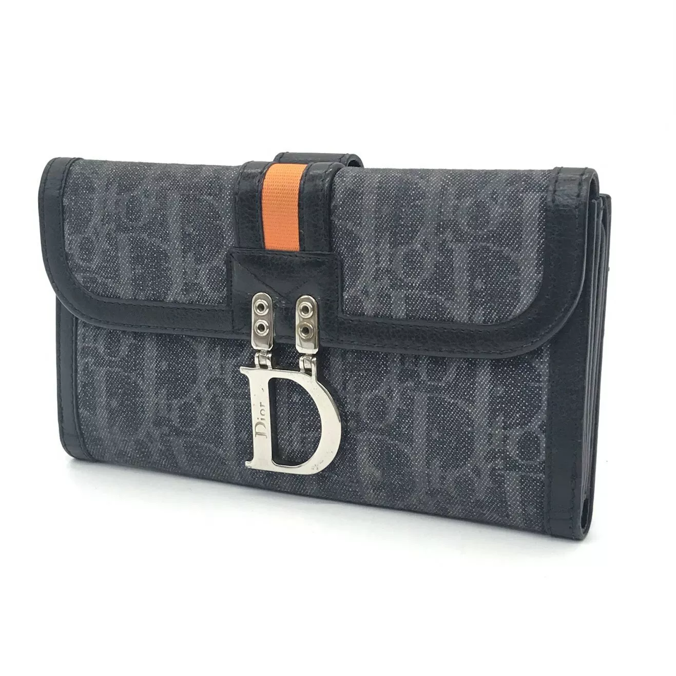 Christian Dior Portefeuille à Rabat Long Sac à Main Trotteur Noir Authentique