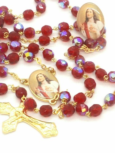 Sacred Heart Red Italian AB Crystal Rosary Beads-FREE Pin-Stamped Made in Italy - Picture 2 of 4