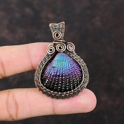 Gift For Women Jewelry Wire Wrapped Pendant Copper Titanium Coated Shell 2.13''