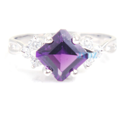 Genuine Natural Amethyst Cocktail Ring Platinum Plated Sterling Silver Size 7