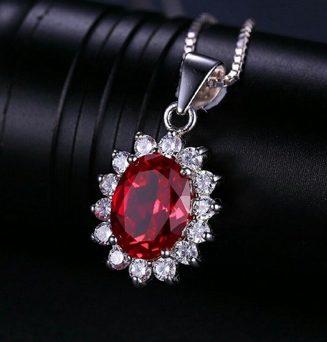White gold finish red ruby & created diamond oval necklace free postage gift box - Picture 2 of 8
