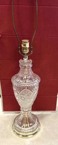 Mid-Century Crystal Table Lamp frosted Floral cut glass 31" vintage
