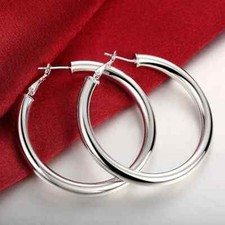 925 Sterling Silver Smooth 50MM Big Circle Hoop Earrings Fashion Charm Jewelry