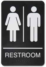 Restroom Sign ADA Unisex Braille Self Adhesive 9" x 6" White on Black S-14806BL
