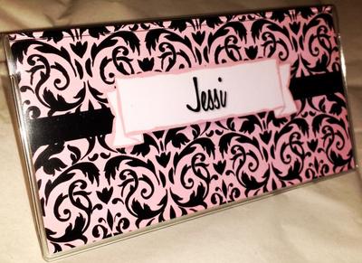 Vinyl Checkbook Cover Damask Pink Customized Name Suzie's Designs 