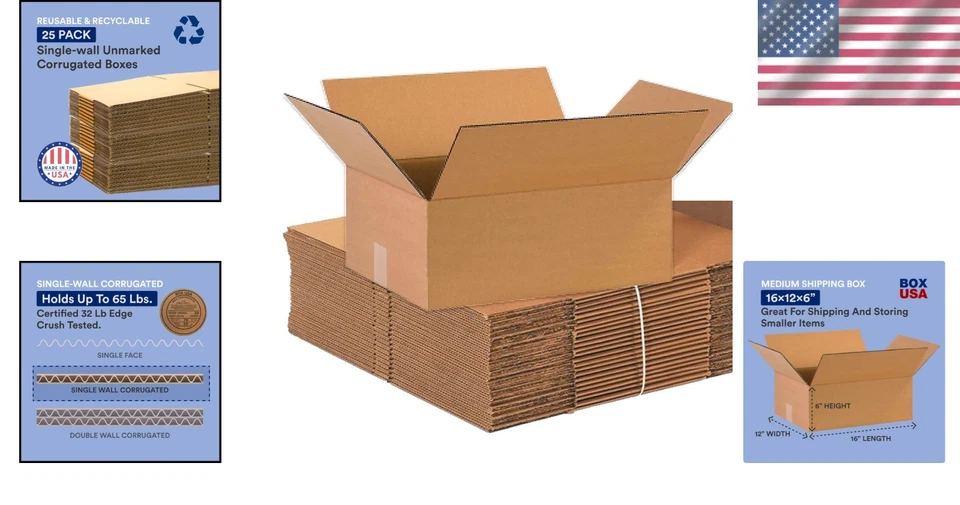 Corrugated Cardboard Boxes 16x12x6, 25 Pack - Image 2 of 4