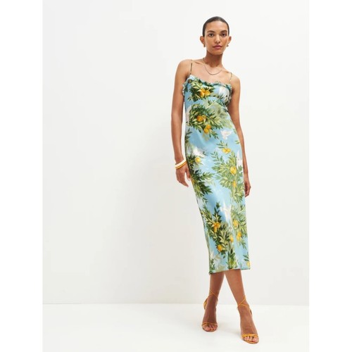 Reformation Silk Aribella Midi Dress Citrus Dove Ruffle Neck Spaghetti Strap L