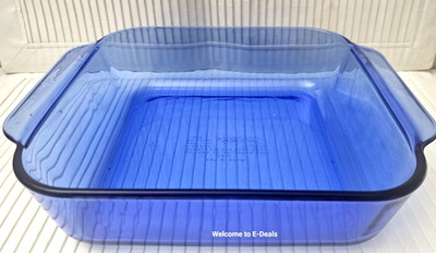 Vintage Cobalt Blue Pyrex 2QT 222-R Square Baking Pan Ribbed Bottom USA GA