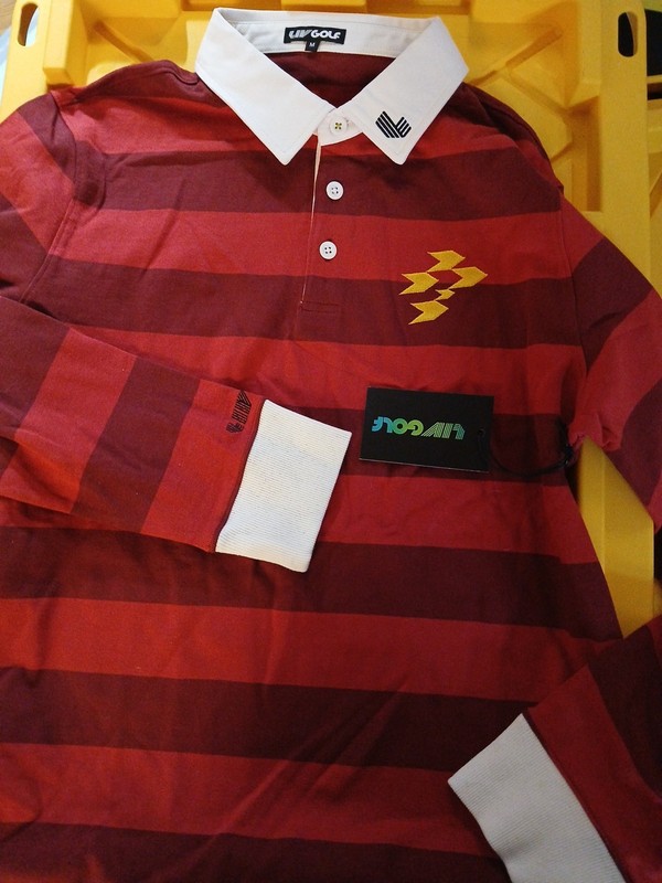 LIV Ripper Golf Club Houndstooth Long Sleeve Rugby Stripe Knit Polo Shirt Medium